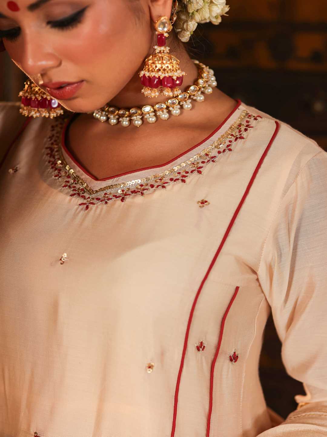 Beige Chanderi Embroidered Kurta, Pants & Dupatta Set