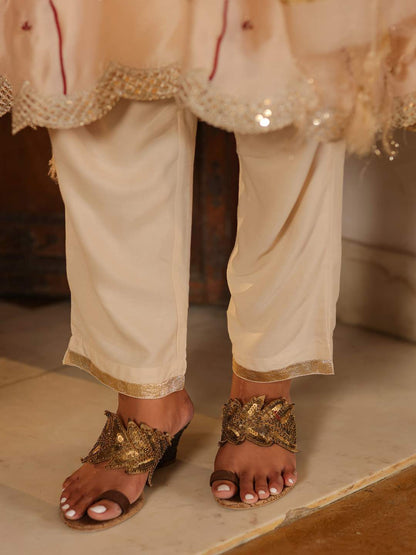 Beige Chanderi Embroidered Kurta, Pants & Dupatta Set