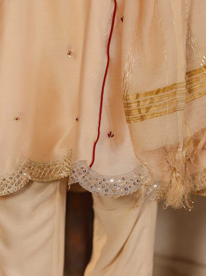 Beige Chanderi Embroidered Kurta, Pants & Dupatta Set