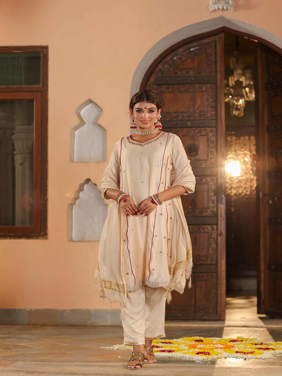 Beige Chanderi Embroidered Kurta, Pants & Dupatta Set