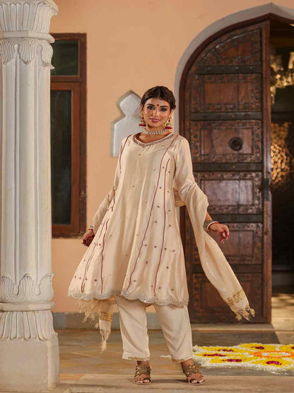 Beige Chanderi Embroidered Kurta, Pants & Dupatta Set