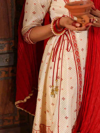 Beige Viscose Shantoon Printed Kurta, Pants & Dupatta Set