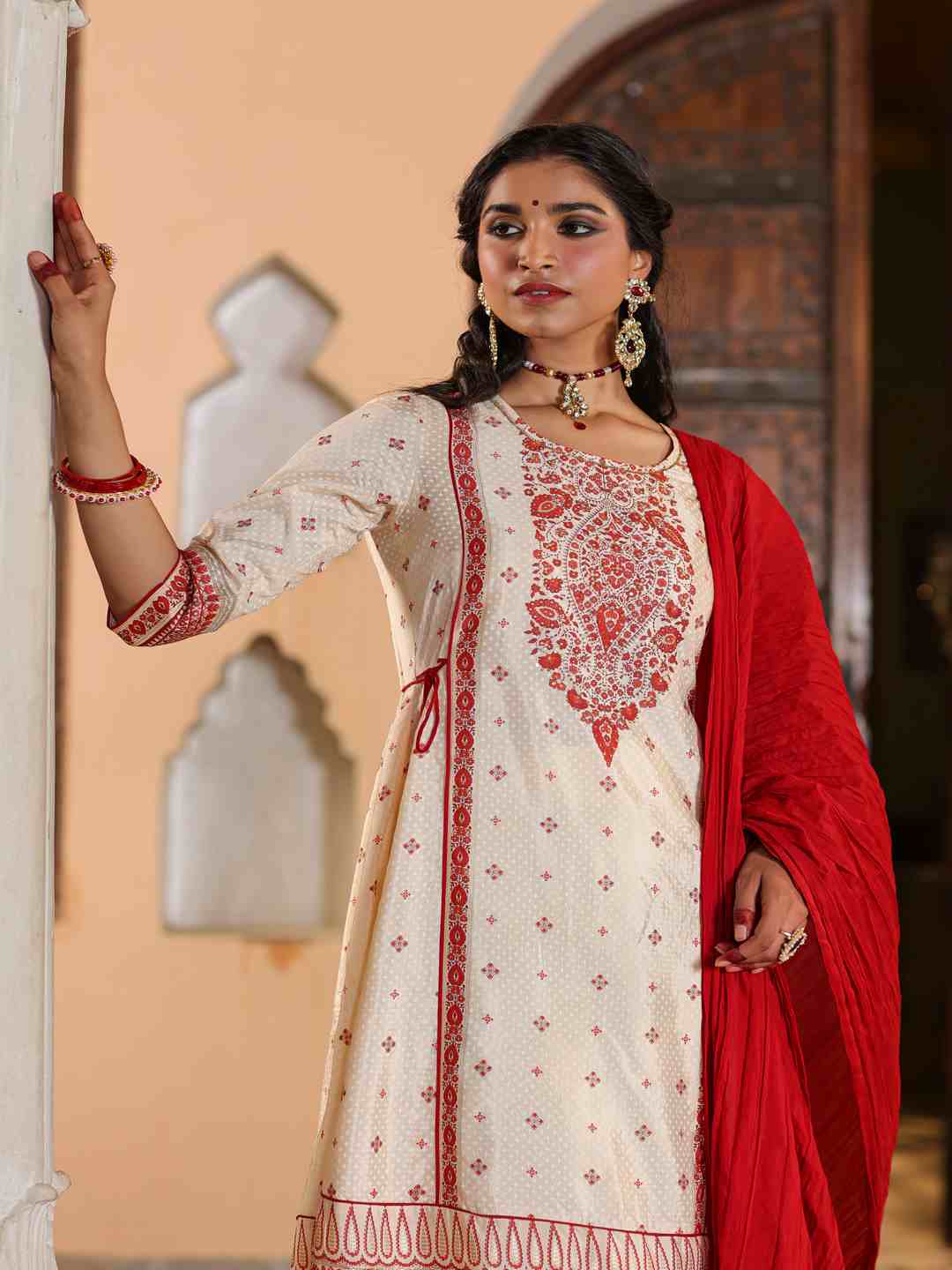 Beige Viscose Shantoon Printed Kurta, Pants & Dupatta Set
