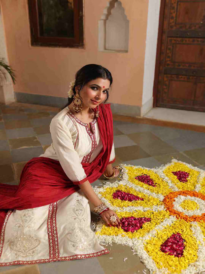 Ivory Chanderi Embroidered Kurta, Pants & Dupatta Set