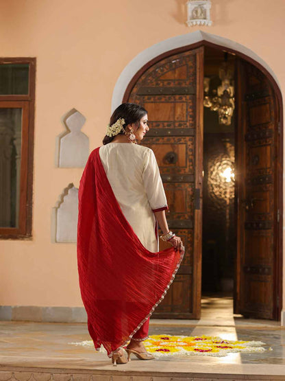 Ivory Chanderi Embroidered Kurta, Pants & Dupatta Set