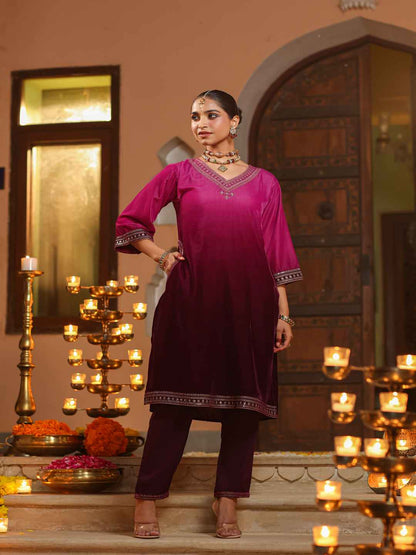 Purple Velvet Embroidered Kurta & Pants Set