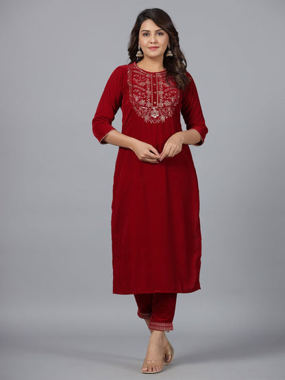 Maroon Velvet Embroidered Kurta & Pants Set with Zari & Sequences