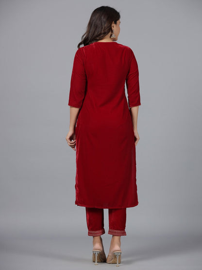 Maroon Velvet Embroidered Kurta & Pants Set with Zari & Sequences