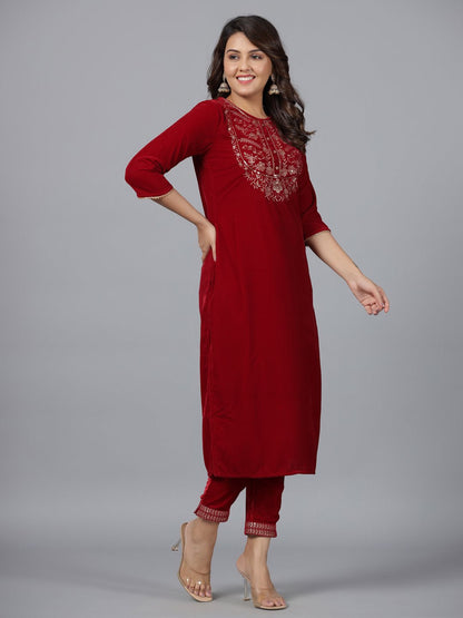 Maroon Velvet Embroidered Kurta & Pants Set with Zari & Sequences