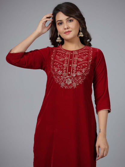 Maroon Velvet Embroidered Kurta & Pants Set with Zari & Sequences