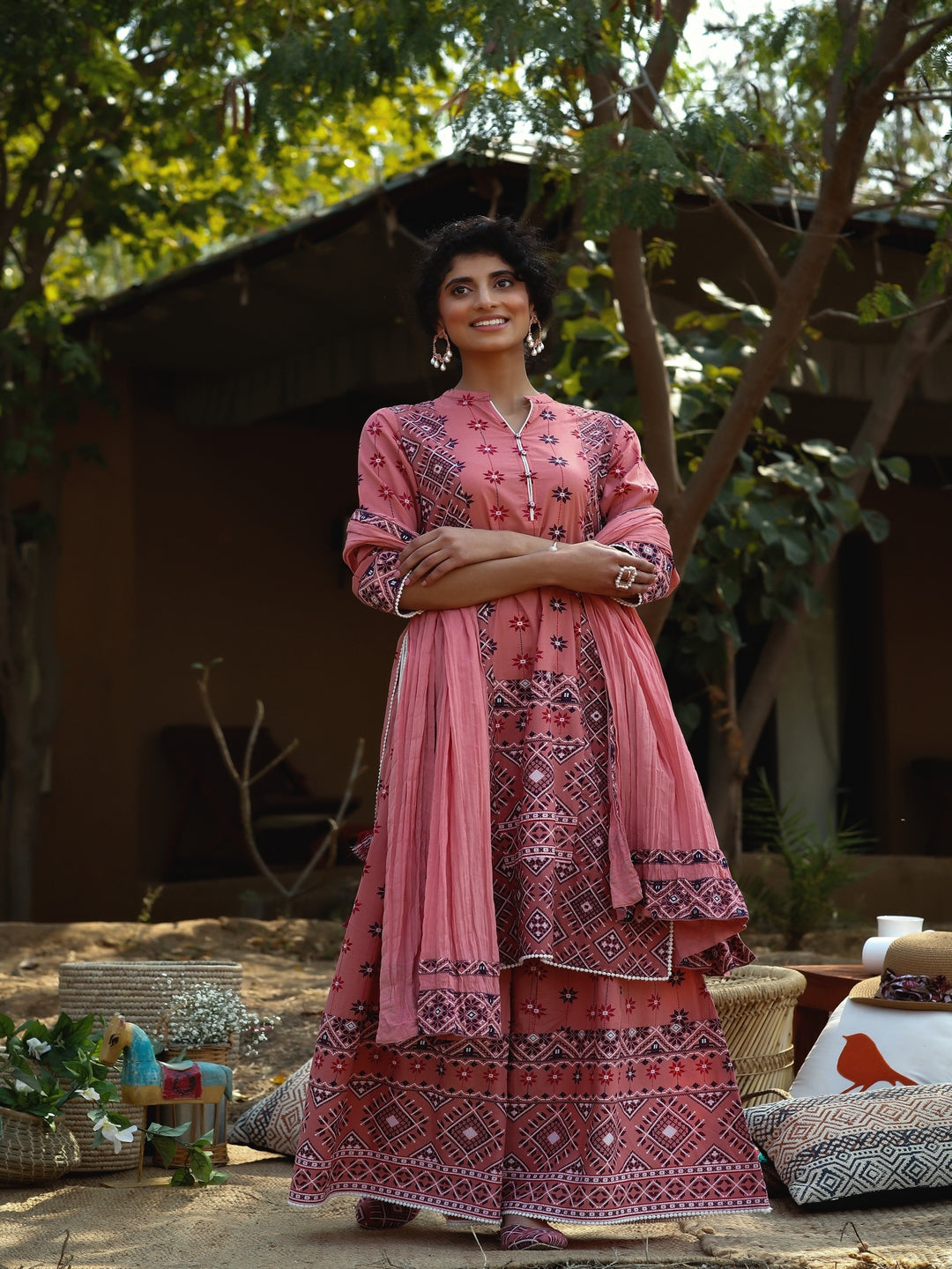 Peach Geometric Printed Pure Cotton Kurta & Palazzo Set With Lace Work