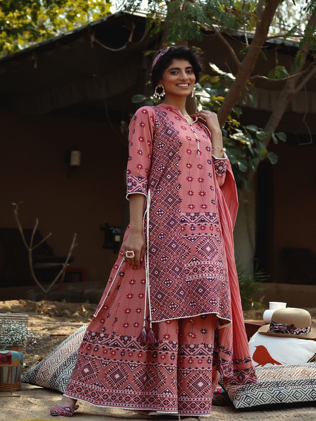 Peach Geometric Printed Pure Cotton Kurta & Palazzo Set With Lace Work
