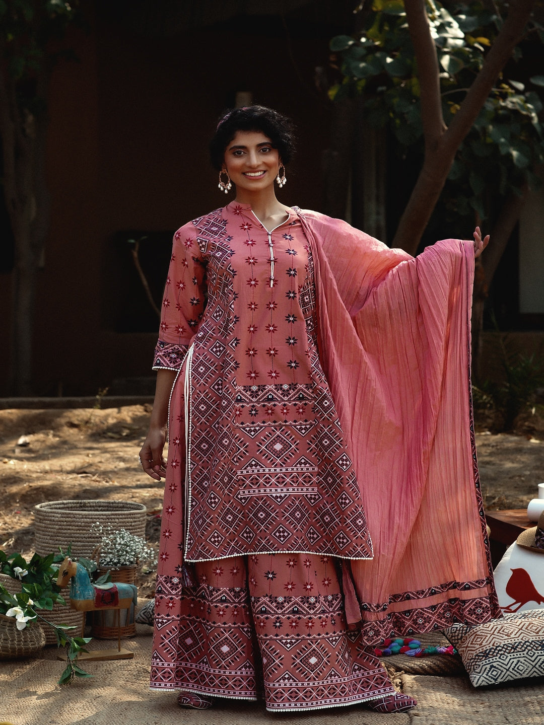 Peach Geometric Printed Pure Cotton Kurta & Palazzo Set With Lace Work