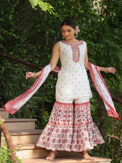 Maroon Ethnic Motif Printed Georgette Kurta Sharara & Dupatta Set With Thread Work Embroidery