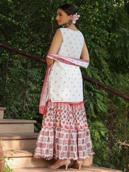 Maroon Ethnic Motif Printed Georgette Kurta Sharara & Dupatta Set With Thread Work Embroidery