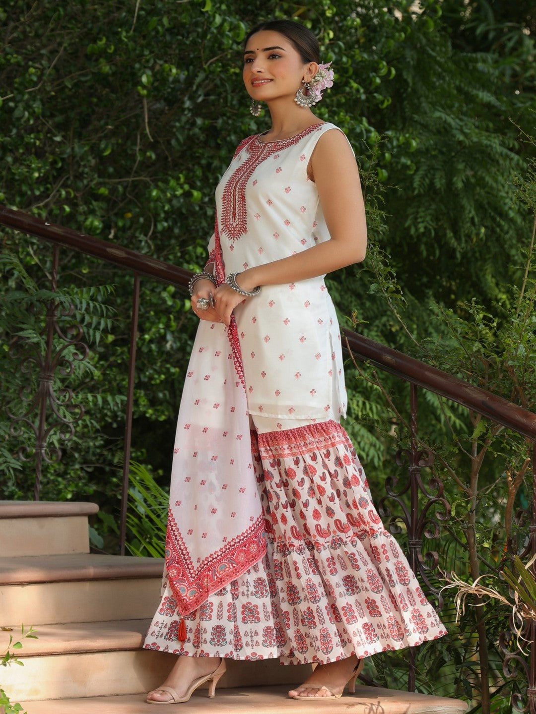 Maroon Ethnic Motif Printed Georgette Kurta Sharara & Dupatta Set With Thread Work Embroidery