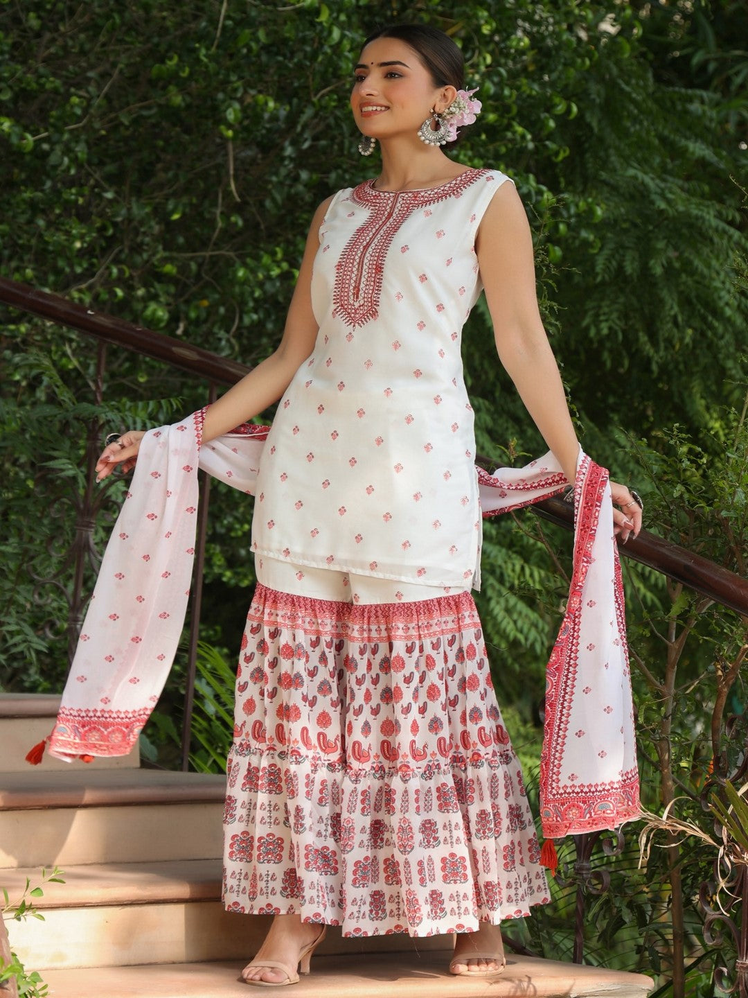 Maroon Ethnic Motif Printed Georgette Kurta Sharara & Dupatta Set With Thread Work Embroidery