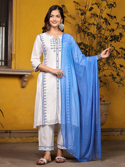 White & Blue Cross Stitch Embroidered Cotton Dobby Kurta With Pant & Dupatta Set With Lace & Button