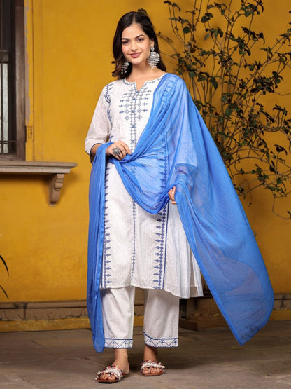 White & Blue Cross Stitch Embroidered Cotton Dobby Kurta With Pant & Dupatta Set With Lace & Button