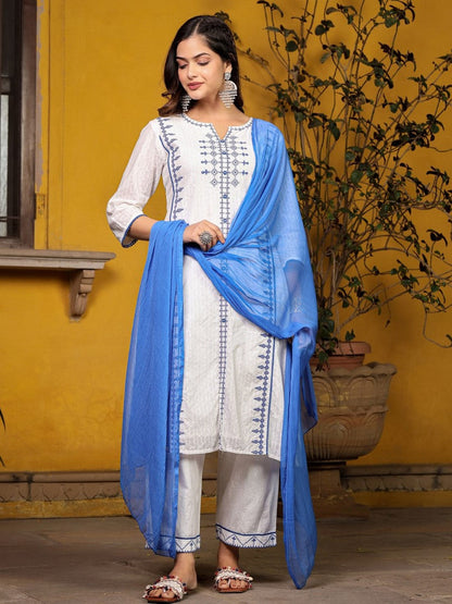 White & Blue Cross Stitch Embroidered Cotton Dobby Kurta With Pant & Dupatta Set With Lace & Button