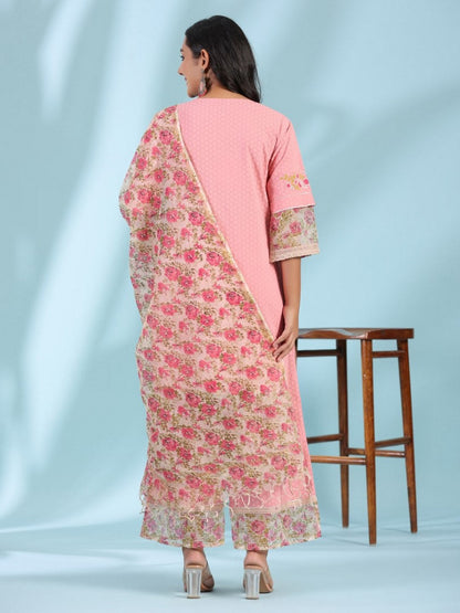 Pink Floral Printed & Laced Pure Cotton Kurta Palazzo Set With Printed Kota Doria Dupatta (3-Pcs)