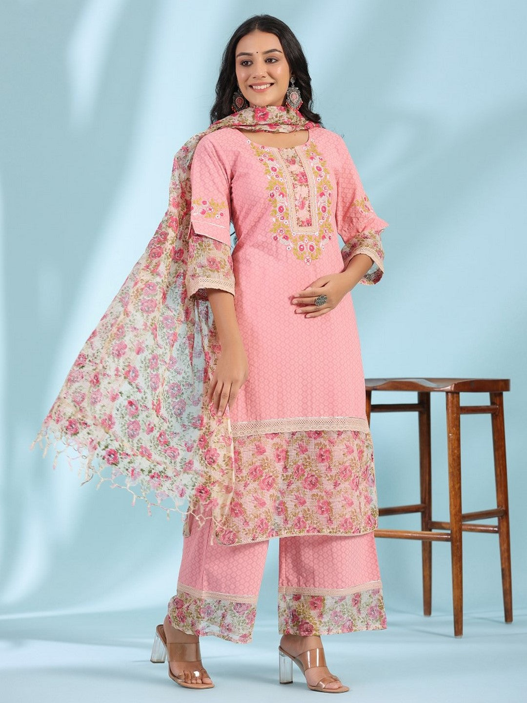 Pink Floral Printed & Laced Pure Cotton Kurta Palazzo Set With Printed Kota Doria Dupatta (3-Pcs)