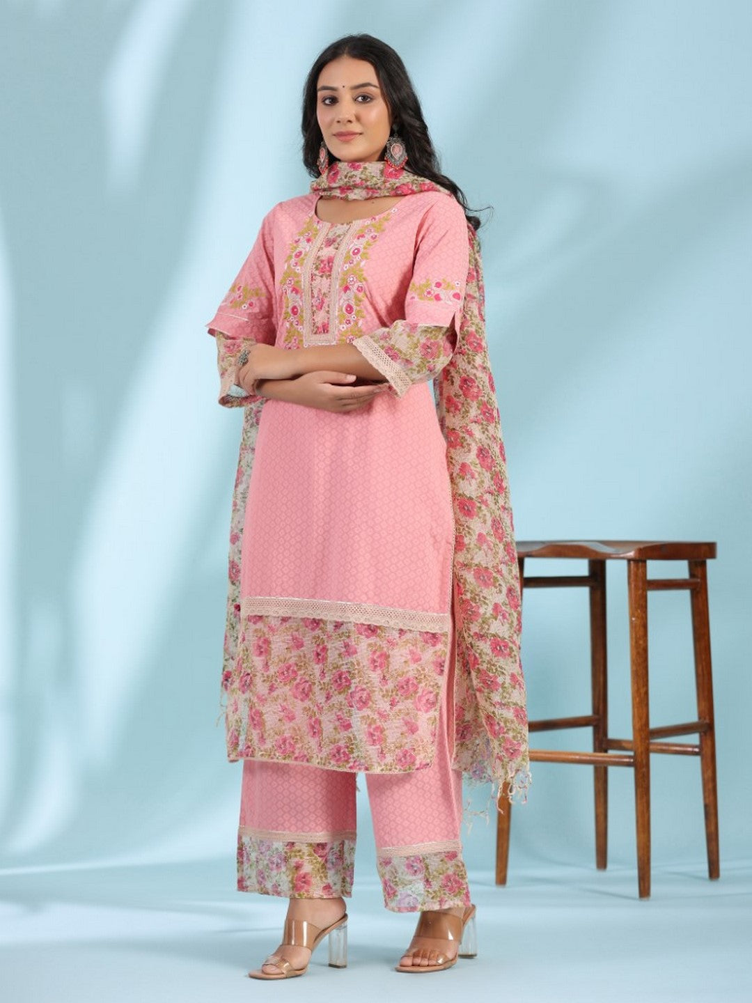 Pink Floral Printed & Laced Pure Cotton Kurta Palazzo Set With Printed Kota Doria Dupatta (3-Pcs)