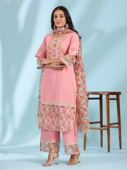 Pink Floral Printed & Laced Pure Cotton Kurta Palazzo Set With Printed Kota Doria Dupatta (3-Pcs)