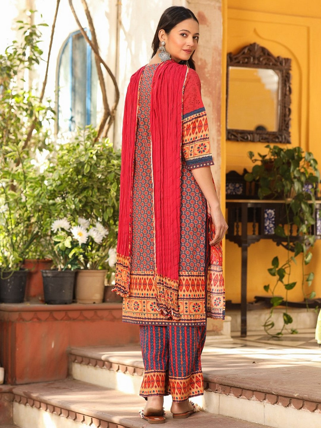 Rust Cotton Ikat Printed Kurta With Pants And Dupatta Set With Thread Embroidery & Laces (3-Pcs)