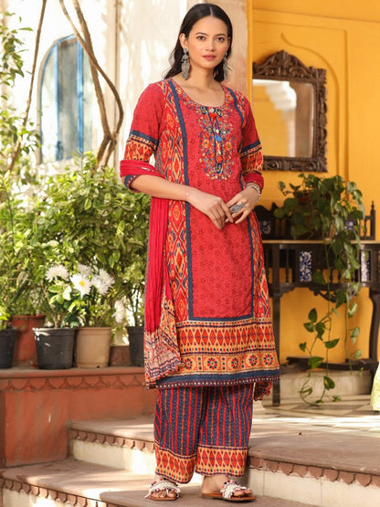 Rust Cotton Ikat Printed Kurta With Pants And Dupatta Set With Thread Embroidery & Laces (3-Pcs)