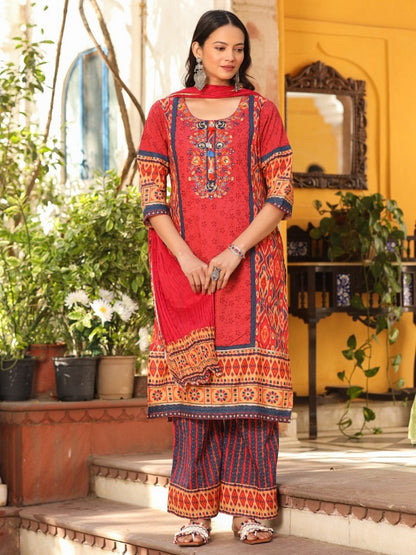 Rust Cotton Ikat Printed Kurta With Pants And Dupatta Set With Thread Embroidery & Laces (3-Pcs)