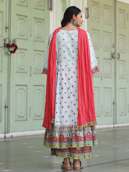 Sky Blue Cotton Floral Printed Anarkali Kurta With Pants And Dupatta Set With Sequins & Beadwork