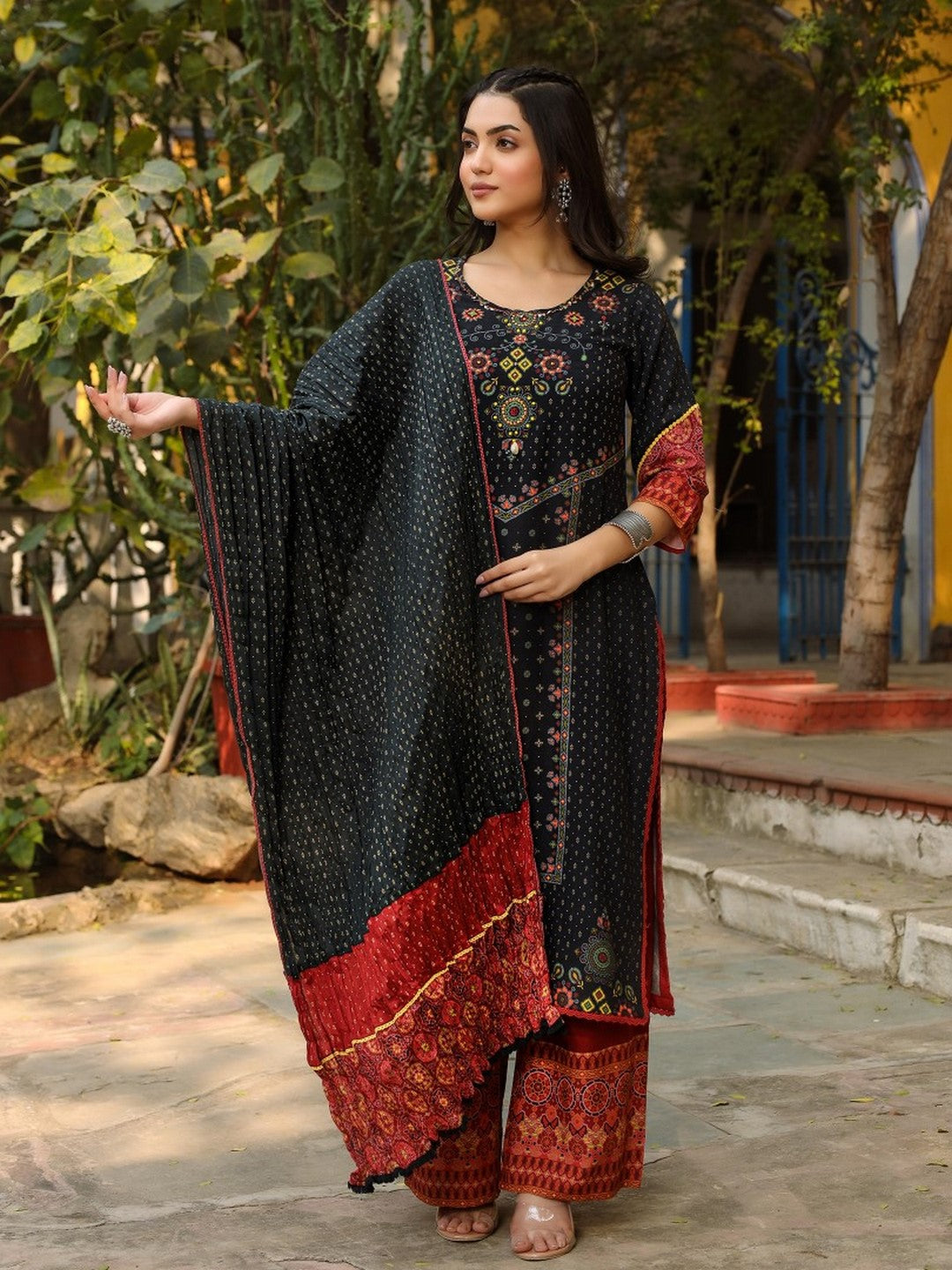 Black Ethnic Motif Placement Printed Rayon Kurta With Pant And Dupatta With Bead & Sequence Work