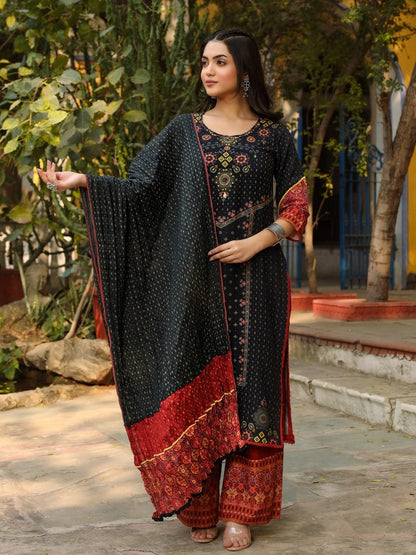 Black Ethnic Motif Placement Printed Rayon Kurta With Pant And Dupatta With Bead & Sequence Work