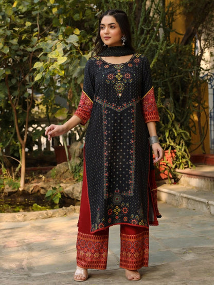 Black Ethnic Motif Placement Printed Rayon Kurta With Pant And Dupatta With Bead & Sequence Work