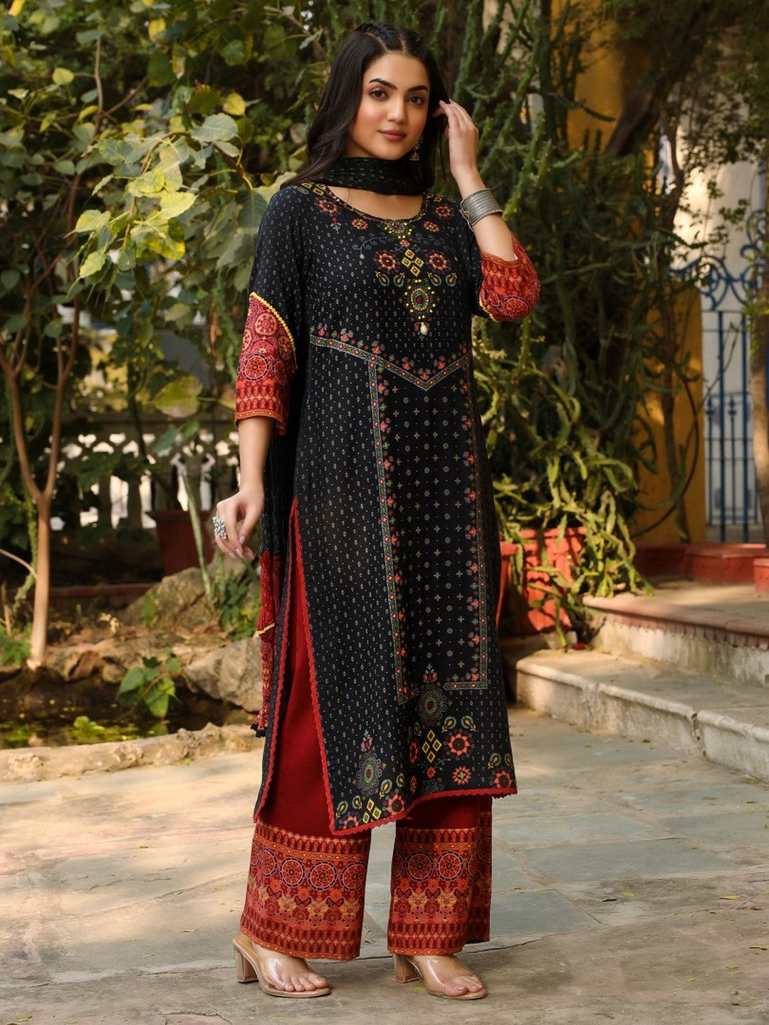 Black Ethnic Motif Placement Printed Rayon Kurta With Pant And Dupatta With Bead & Sequence Work