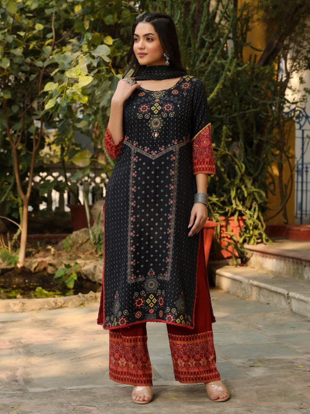 Black Ethnic Motif Placement Printed Rayon Kurta With Pant And Dupatta With Bead & Sequence Work