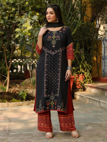 Black Ethnic Motif Placement Printed Rayon Kurta With Pant And Dupatta With Bead & Sequence Work
