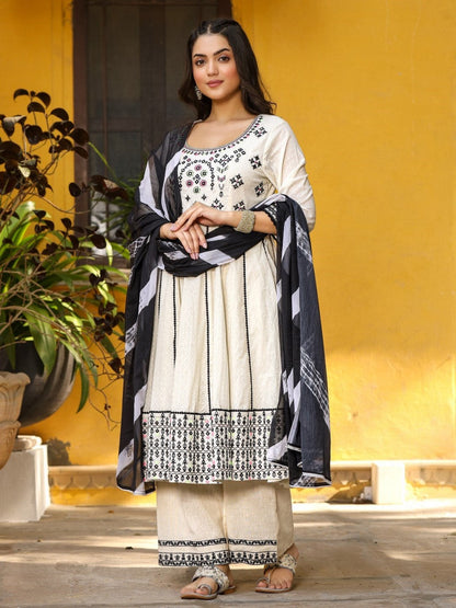 Black & White Cotton Embroidered Anarkali Kurta Pants & Dupatta Set