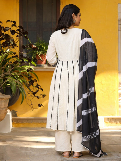 Black & White Cotton Embroidered Anarkali Kurta Pants & Dupatta Set