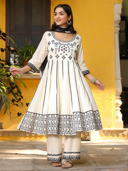 Black & White Cotton Embroidered Anarkali Kurta Pants & Dupatta Set