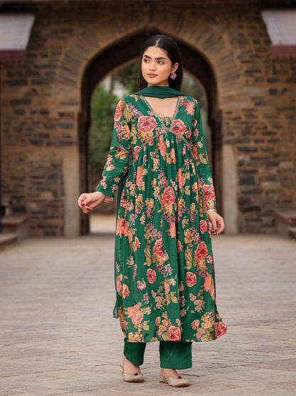 Green Floral Printed Poly Chinnon Kurta Pants & Dupatta Set With Mirror Work Embroidery