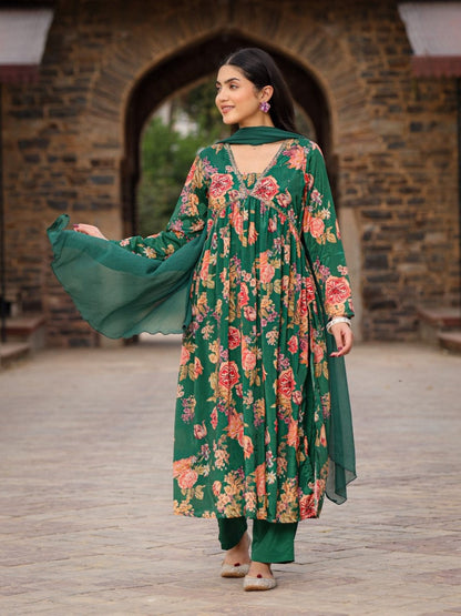 Green Floral Printed Poly Chinnon Kurta Pants & Dupatta Set With Mirror Work Embroidery