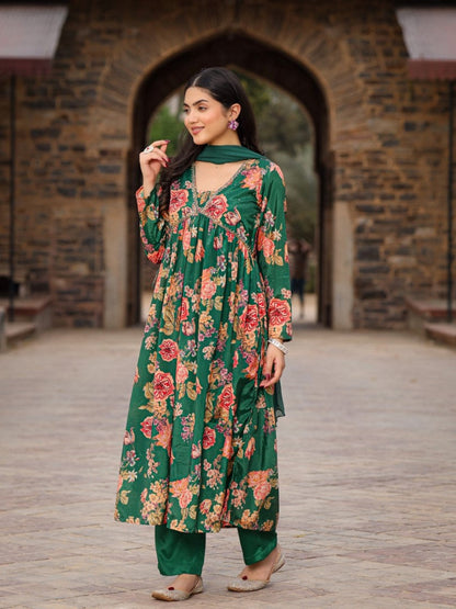 Green Floral Printed Poly Chinnon Kurta Pants & Dupatta Set With Mirror Work Embroidery