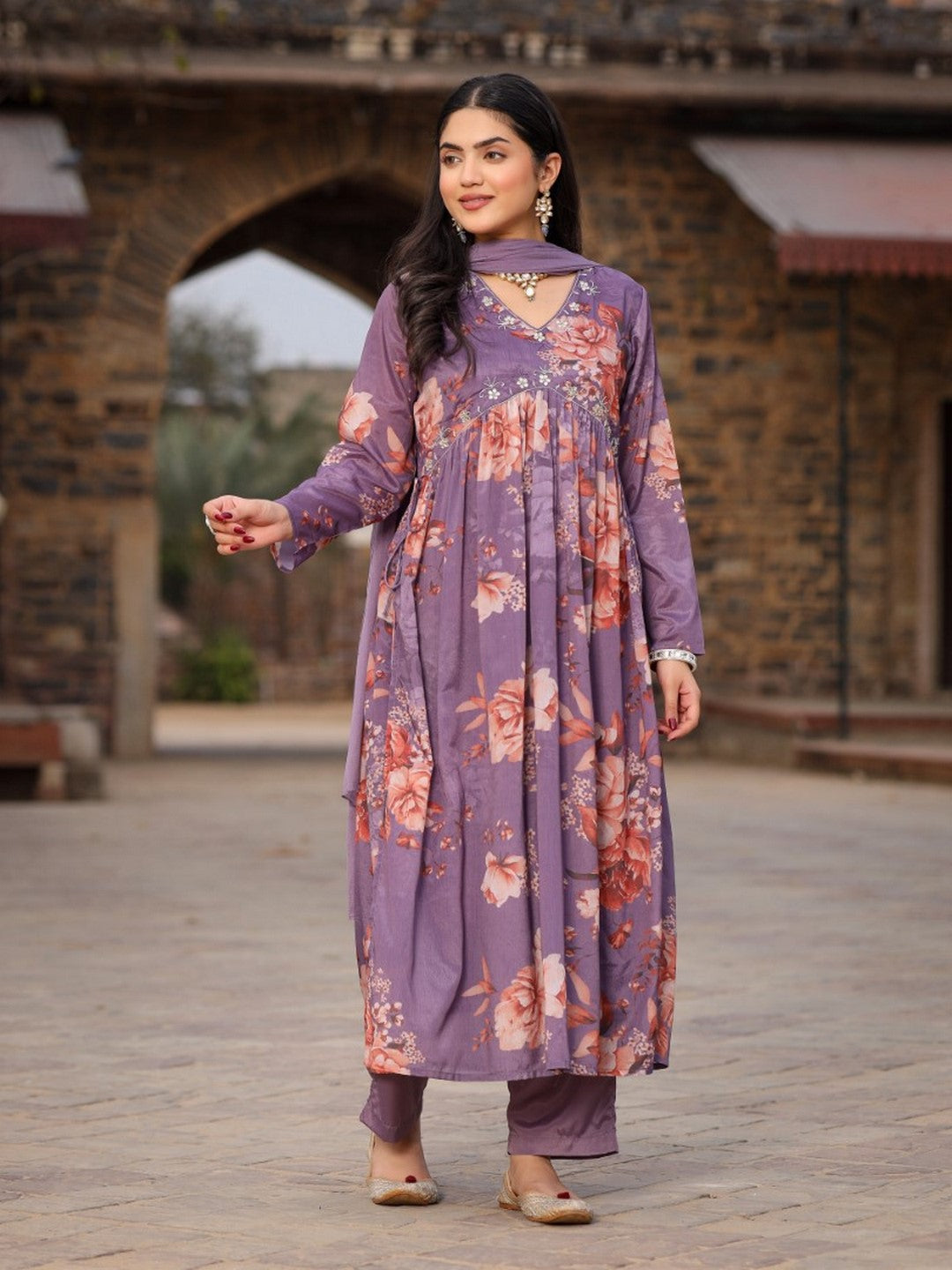 Mauve Floral Printed Poly Chinnon Kurta Pants & Dupatta Set With Mirror Work Embroidery