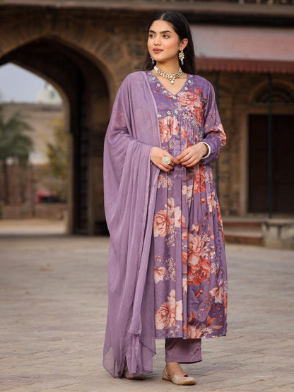 Mauve Floral Printed Poly Chinnon Kurta Pants & Dupatta Set With Mirror Work Embroidery