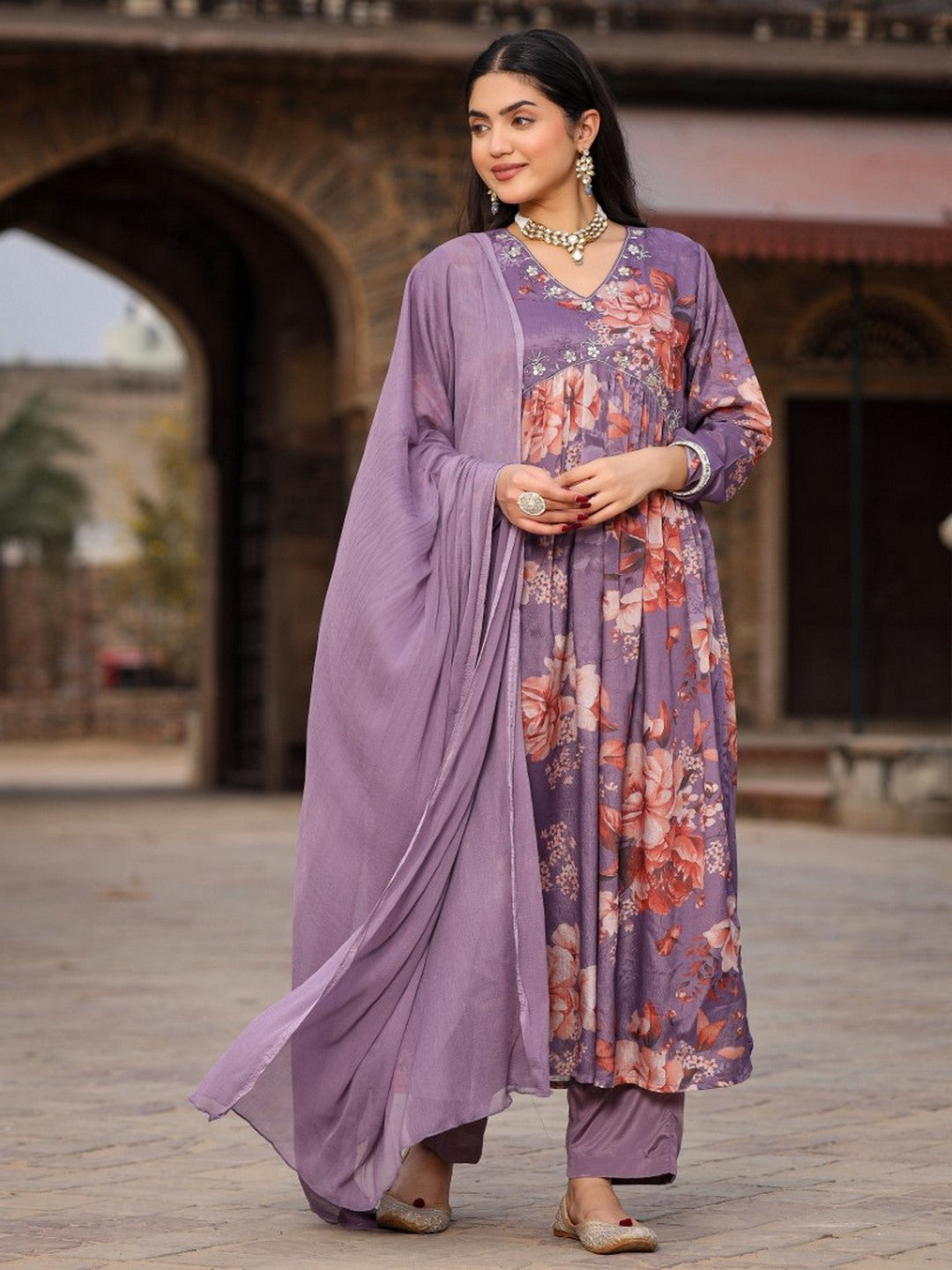 Mauve Floral Printed Poly Chinnon Kurta Pants & Dupatta Set With Mirror Work Embroidery