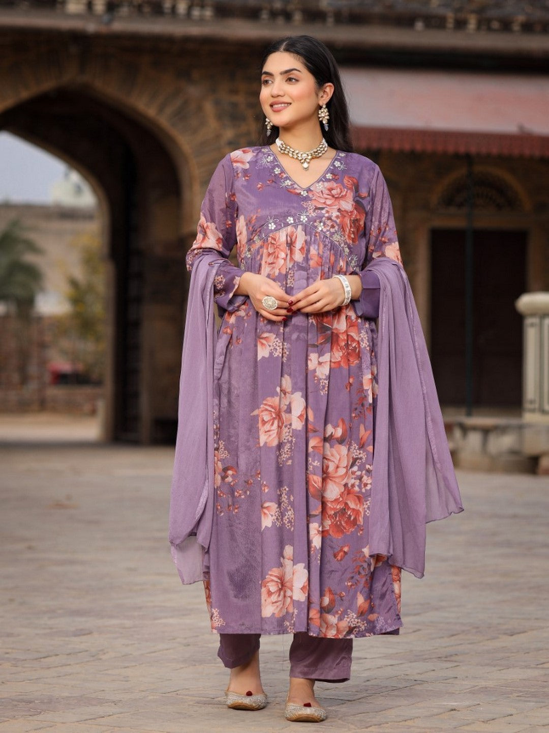 Mauve Floral Printed Poly Chinnon Kurta Pants & Dupatta Set With Mirror Work Embroidery