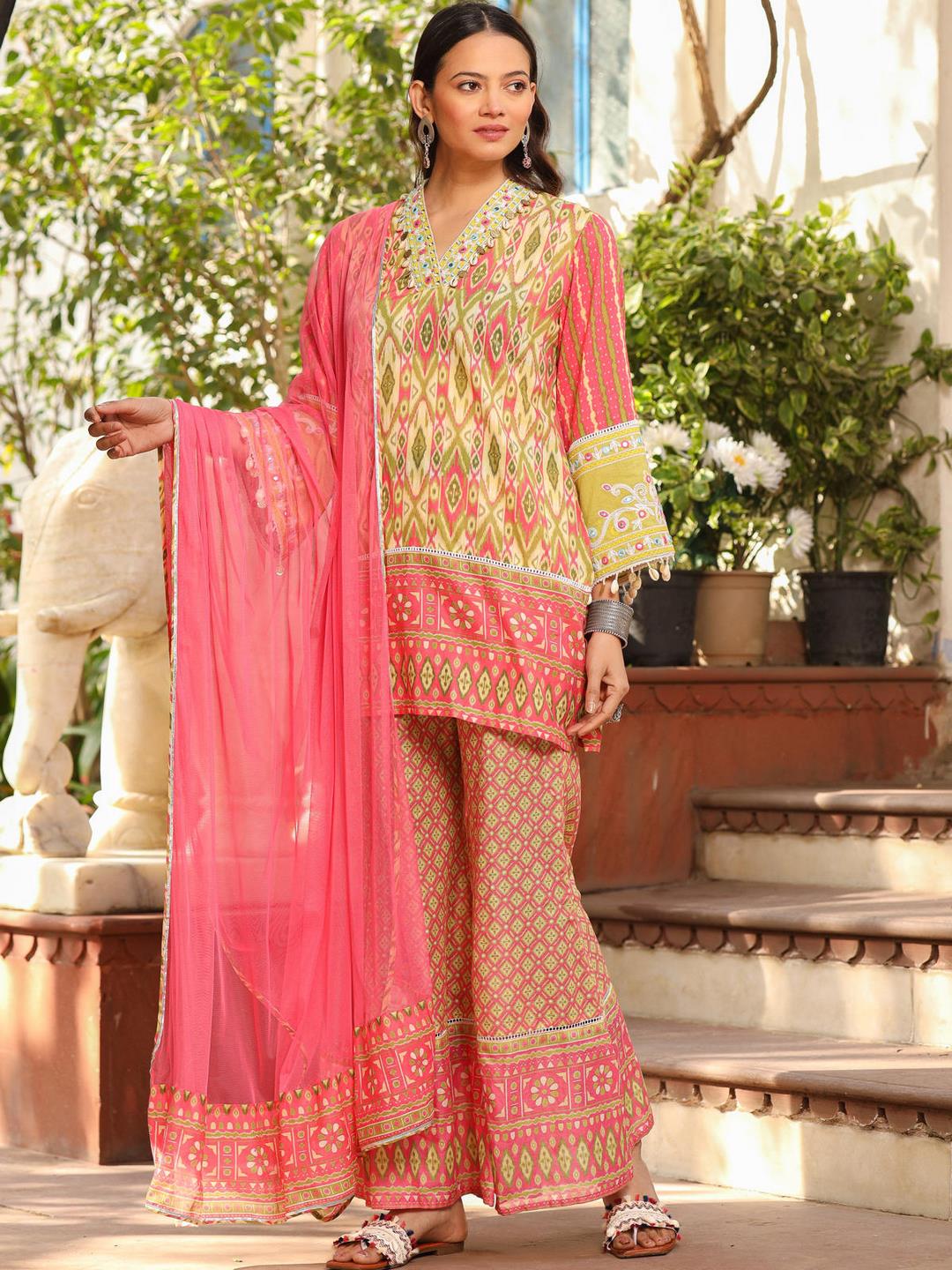 Green Cotton Ikat Printed Short Kurta Bell Bottom & Dupatta With Threaded Embroidery & Kaudis