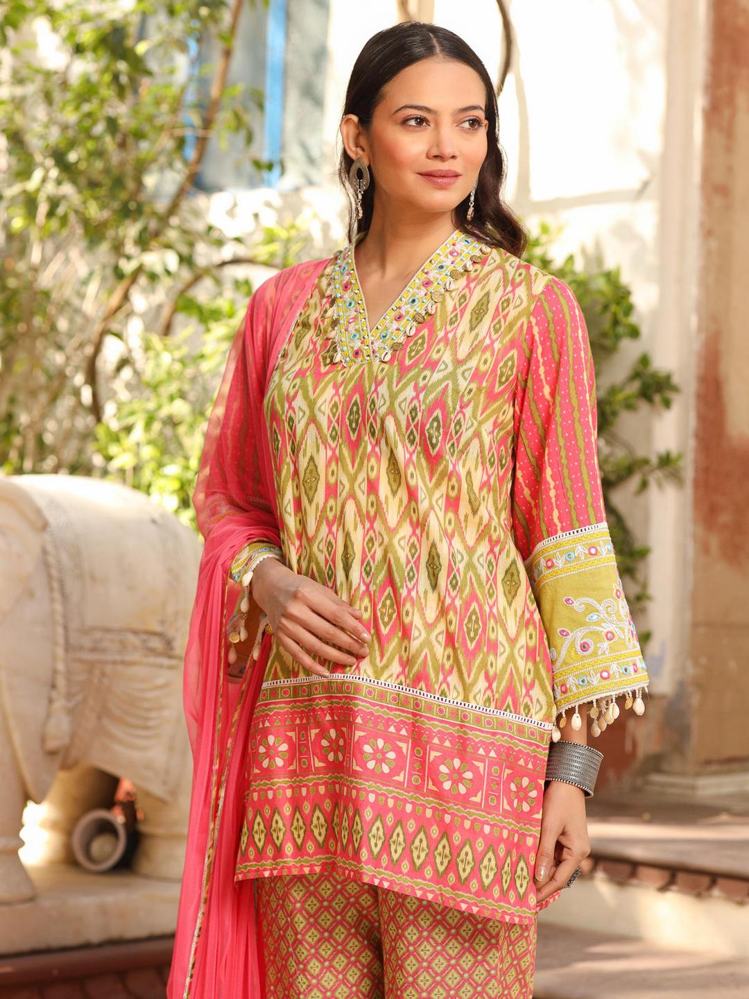 Green Cotton Ikat Printed Short Kurta Bell Bottom & Dupatta With Threaded Embroidery & Kaudis